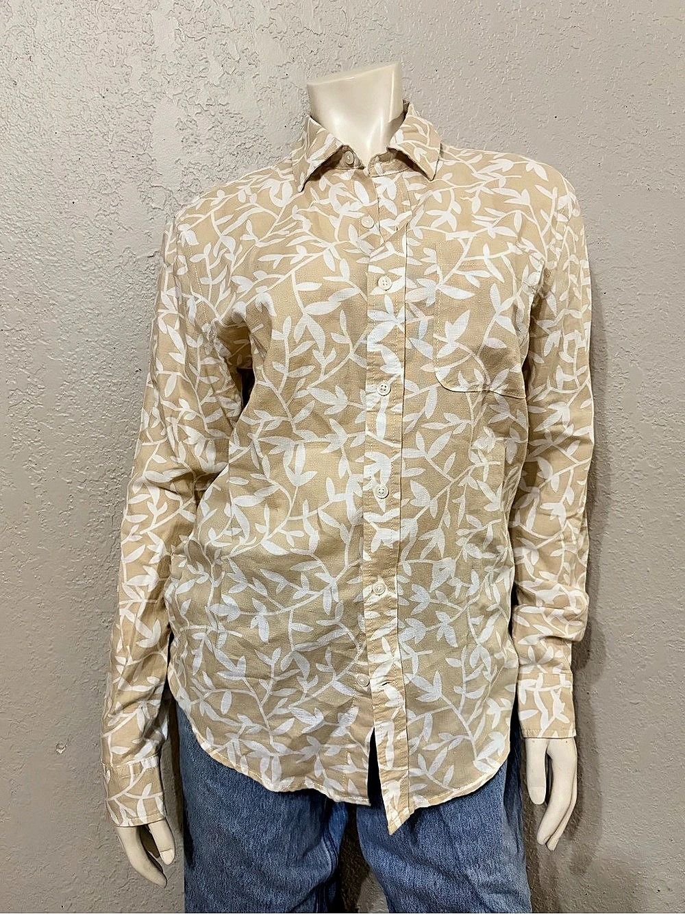 Amazon Essentials Slim-Fit Linen-Cotton Shirt Floral Button-Up Beige White XS